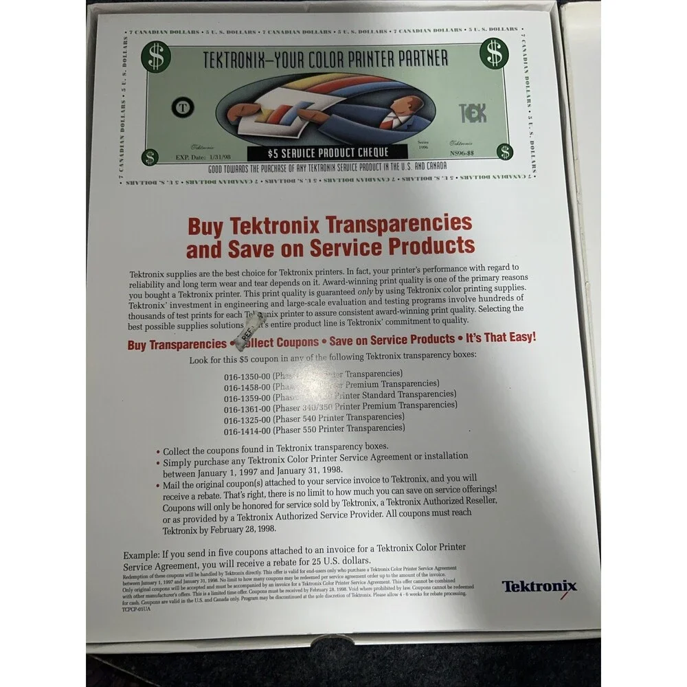 TEKTRONIX PHASER Premium340/350 STANDARD TRANSPARENCY FILM 016-1359-00 50 SHEETS